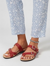 preiswerte Rutschsandalen-Rote Damen-Komfortsandalen mit Doppelschnalle – gepolstertes Fußbett, verstellbare Riemen, stützende flache Schuhe zum Gehen, Reisen, für Outdoor-Aktivitäten und den Alltag