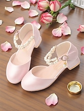 abordables Enfants &amp; Fille de Fleurs-Chaussures de demoiselle d'honneur pour enfant, couleur ivoire, ornées de perles et de strass, avec bride cheville et petit talon rembourré. Élégantes chaussures de princesse, parfaites pour les