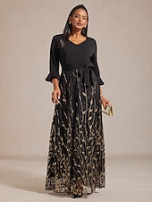ieftine Rochii cu paiete-Pentru femei Rochie Maxi Rochie A line Rochie din Tul Elegant Serată Petrecere Paiete Brodat Fit regulat Frunză Lungime Manșon 3/4 În V Negru