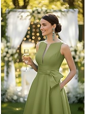 tanie Sukienki koktajlowe-Krój A Do kostki Sukienka koktajlowa Sukienka koktajlowa Elegancja Zabytkowe Bez rękawów W serek Formalny Kieszonki Satyna z Kokardki Z marszczeniami