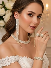 billiga Bröllop ACC-Damsmyckeset med guldfärgade strass - glittrande halsband, örhängen, armband &amp;ringset för cocktailpartyn, bröllop och formella evenemang