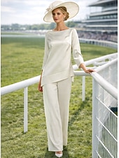 abordables Trajes de pantalón de mamá-Traje de pantalón Hasta el Suelo Vestido de Madrina Manga 3/4 Joya Elegante Sencillo Minimalista Formal Invitado a la boda Satén Bolero incluido con Un Color