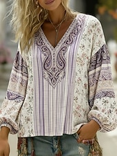 Γυναικεία Πουκάμισο Μπόχο πουκάμισο Λινό από ψεύτικο βαμβάκι Στάμπα Φλοράλ Γραφική Βοημία Βίντατζ Κλασσικό Μακρυμάνικο Λαιμόκοψη V Κανονικά μπλουζάκια Καθημερινά Αργίες Εξόδου Βυσσινί