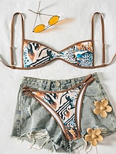 economico Bikini-Per donna Costumi da bagno Bikini Due pezzi Perizoma Costume da bagno Snello Senza schiena Vacanza Abbigliamento da Spiaggia Floreale Grafico Scollo Tondo Senza Maniche Costumi da bagno