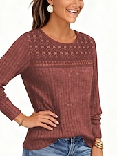 olcso Egyszerű póló-Női Ribos kötött topok Póló Fűzőlyuk Szüret Alkalmi Hosszú ujj Terített nyak Kerek Normál felsők Napi Alkalmi Hétvége Medence Gesztenyebarna Fekete Bor Katonai zöld Tavasz Ősz