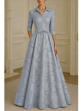 economico Lunghezza del pavimento-Linea ad A Lunghezza al pavimento Abito Camicia Abito Formale Abito da sera Abito da cerimonia per signora Manica Lunga Colletto a Camicia Elegante Vintage Formale Raso Jacquard con Fiocco/Fiocchi