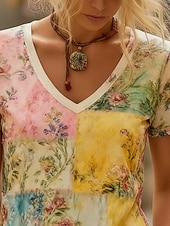  Women's Boho Shirt T Shirt Print Floral Graphic Bohemia Vintage Casual Short Sleeve V Neck Long Tops Daily Green / Blue Yellow Pink Summer Spring