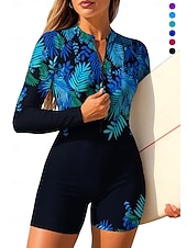 お買い得  ワンピースラッシュガード-女性用 ラッシュガード ワンピースサーフィンスーツ 水着 フラワー トロピカル風 カラーブロッキング ジッパーを閉める 内蔵ブラ付き 取り外し式パッド UVサンプロテクション UPF50+ 超軽量(UL) 長袖 スイムウェア ラッシュガード サーフィン ビーチ ウォータースポーツ 夏