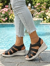 abordables Sandalias de cuña-Sandalias cómodas de cuña negras para mujer: zapatos de plataforma informales con soporte para ir de compras, viajar y usar a diario.