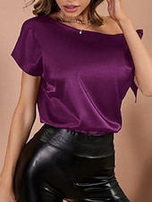 cheap Plain Blouses-Women's Elegant Satin Top Summer Tops Blouse Plain Stylish Basic Classic Short Sleeve Off Shoulder Regular Tops Daily Work Holiday Black Pink Wine Green Summer Spring