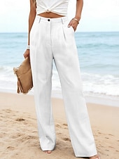 preiswerte Wesentliche Falsche Unterteile-Damen Kunstbaumwollleinen Weites Bein Freizeithose Sommerhose Urlaub Streetwear Basic Volle Länge Mittlere Taillenlinie Einfach Tasche Atmungsaktivität Bequem Unelastisch Täglich Outdoor Urlaub Blau