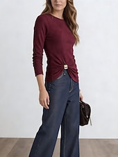 abordables T-shirt uni-Femmes Flou Froncé Boucle en métal Couleur Unie Mode Occasionnel manche longue Col ras du cou Col rond Hauts Réguliers Quotidien Sortir Vin Printemps Automne