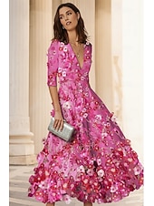 cheap Cocktail Dresses-A-Line Ankle Length Cocktail Dresses Party Dresses Elegant Vintage Floral Half Sleeve V Neck Wedding Formal Pink Dress Satin with Embroidery Pocket