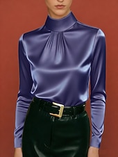 baratos Blusas Elegantes-Mulheres Camisa Social Blusa de cetim Blusa Blusas de manga comprida Franzido Côr Sólida à moda Básico Clássico Manga Longa Gola Alta Tops regulares Diário Feriado Para Noite Preto Branco Roxo Cáqui