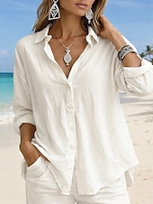 Недорогие Основные искусственные рубашки-Жен. Рубашка Бохо Рубашка Богемия Винтаж Повседневные Длинный рукав Длинные топы Повседневные Праздники На выход Синий Белый Желтый Розовый Небесно-голубой Лето Весна