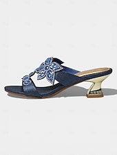 economico Madre della Sposa/Sposo-mules da donna con tacco a blocco blu navy decorato, eleganti scarpe da sera vintage per la madre della sposa, matrimonio rustico in un fienile