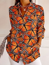 זול חולצות פרחוניות-בגדי ריקוד נשים חולצה כפתורים דפוס Ombre פרחוני גראפי אלגנטית וינטאג' מסוגנן שרוול ארוך צווארון חולצה חולצות רגילות יומי עבודה פול שחור סגול כתום אביב סתיו חורף