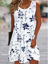 abordables Vestidos florales-Mujer Vestido hasta la Rodilla Vestido informal Vestido de una línea Vestido de flores Vestido de verano Elegante Casual Cita Ajuste regular Floral Sin Mangas Escote en Pico Camiseta con cuello