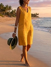 tanie Luksusowe sukienki-Damskie Sukienka midi Sukienka trapezowa Sukienka letnia Sukienki z bawełny i lnu Codzienne sukienki Podstawowy Codzienny Codzienny Urlop Wyjściowe Regularny Czyste kolory Bez rękawów Rozcięcie szyi