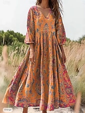 ieftine Rochie etnică boho-Pentru femei Rochii Midi Rochie florala Rochie imprimata Modă Modern În aer liber Vacanță Ieșire Potrivire Largă Floral Lungime Manșon 3/4 În V Albastru piscină Galben Portocaliu Vară Primăvară