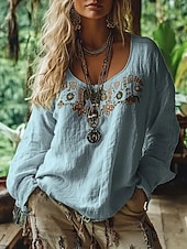 cheap Boho Tops-Women's Shirt Boho Shirt Blouse Print Graphic Bohemia Stylish Classic Long Sleeve V Neck Regular Tops Daily Holiday Going out Blue Black Light Green Wine Apricot Summer Spring Fall