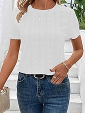 economico T-shirt semplice-Per donna T-shirt con ricamo a occhielli Tinta unica Vintage Elegante Casual Manica Corta Scollo a V Top Regolari Quotidiano Uscire Nero Bianco Blu turchese Estate Primavera