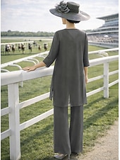 preiswerte Hosenanzüge für Mama-Dreiteilig Bodenlang Brautmutterkleid Langarm Rundhalsausschnitt Elegant Vintage Formell Hochzeitsgast Formeller Abend Spandex mit Einfarbig