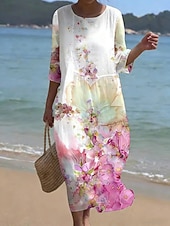 ieftine Rochii florale-Pentru femei Rochii Midi Rochii Tip Cămașă Rochie de plaja Rochie casual Modă Clasic Modern Zilnic În aer liber Vacanță Fit regulat Floral Lungime Manșon 3/4 Stil Nautic Roz Îmbujorat Vară Primăvară