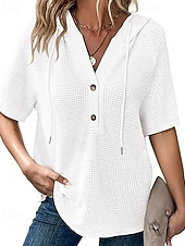 billige Enkle bluser-Dame Skjorte Bluse Lapper Knapper عادي Elegant Stilfull Klassisk Kortermet Med hette Vanlige topper Daglig Ferie Ut på byen Svart Hvit Rosa Rød Navyblå Sommer Vår