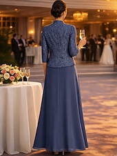 economico Set di abiti per la mamma-Due Pezzi Linea ad A Lunghezza al pavimento Abito da invitata a nozze Abito da cerimonia per signora Manica 3/4 Collo quadrato Elegante Ospite di nozze Festa di fidanzamento Chiffon Pizzo con Pizzo