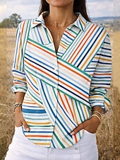 abordables Blusas a rayas y geométricas-Camisa de Mujer Lino Similar Transpirable Ligera Gráfico Geométrico Elegante Vintage Tropical Manga Larga Cuello Tops Regulares Diaria Trabajo Botones Impresión Blanca Amarilla Naranja Marrón Verano