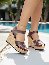 preiswerte Keilsandalen-Schwarze Keilsandalen mit Plateau aus Kork für Damen – bequeme, offene Riemchensandalen mit Absatz für den Sommer, ideal für Städtetrips, Sightseeing und Strandclubs. &amp;Aktivreisende
