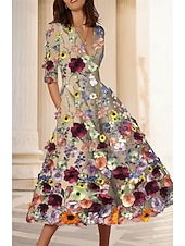 cheap Cocktail Dresses-A-Line Ankle Length Cocktail Dresses Party Dresses Elegant Vintage Floral Half Sleeve V Neck Wedding Formal Pink Dress Satin with Embroidery Pocket