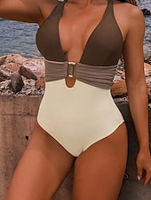 levne Jednodílné-Dámské Plavky Jeden kus Vysoký pas Plavky Nabírané šaty Slátanina prázdniny Vinobraní Bez vzoru Do V Bez rukávů Plavky