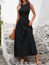 tanie Biała sukienka-Damskie Sukienka maxi Sukienka A line Urlop Codzienny Na zewnątrz Wyjściowe Luźny / a Jednokolorowe Bez rękawów Wycięcie pod szyją Granatowy Czarny Czerwony Zielony Lato Wiosna