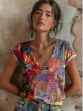 tanie koszulka w kwiaty-Damskie Podkoszulek Nadruk Kwiaty Graficzny Zabytkowe Elegancki Klasyczny Krótki rękaw W serek Zwykłe topy Codzienny jesion Czarny Jasnozielony Czerwony Zielony Lato Wiosna