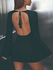 Χαμηλού Κόστους Φορέματα Αποφοίτησης-Γυναικεία Μίνι φόρεμα Λευκό φόρεμα Φόρεμα αποφοίτησης Φόρεμα Bodycon Κομψό Μοντέρνα Μανίκι Flare Cuff ΕΞΩΤΕΡΙΚΟΥ ΧΩΡΟΥ Διακοπές Εξόδου Κανονικό Σκέτο Μακρυμάνικο Στρογγυλή Ψηλή Λαιμόκοψη Μαύρο Λευκό