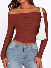 tanie gładka koszulka-Damskie Podkoszulek Koszulka Jednokolorowe Elegancja Moda Elegancki Długi rękaw Z odsłoniętymi ramionami Zwykłe topy Codzienny Wyjściowe Weekend Czarny Biały Rumiany róż Zieleń wojskowa Czerwony