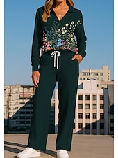 cheap Tracksuits-Women's Sweatshirt Tracksuit Sweatpants Drawstring Pocket Floral Print Jacket and Sweatpants Athletic Clothing Set Loungewear Summer Spring Fall Winter Navy Black Gym Workout Casual Workout Thermal