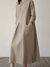 זול שמלות פו המהותיות-בגדי ריקוד נשים שמלת מיני פשתן כותנה דמוי עור שמלת שיפט יום יומי יומי מונח בצורה רפויה אחיד שרוול ארוך צווארון עגול קצר שחור כתום ירוק צבאי משמש קיץ אביב סתיו