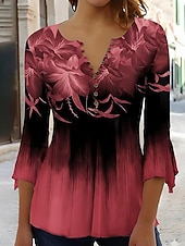  Velikonoční dámské tričko ombre květinová grafika elegantní vintage stylové 3/4 rukáv V-výstřih standardní topy na každodenní nošení knoflíky modrá růžová červená zelená léto jaro