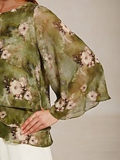  Femmes Chemisier transparent Hauts en mousseline de soie À lacets Fleuri Élégant Manche 3/4 Manche cloche Col ras du cou Quotidien robe demoiselle d honneur Vert mousse Été Printemps Automne
