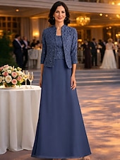economico Set di abiti per la mamma-Due Pezzi Linea ad A Lunghezza al pavimento Abito da invitata a nozze Abito da cerimonia per signora Manica 3/4 Collo quadrato Elegante Ospite di nozze Festa di fidanzamento Chiffon Pizzo con Pizzo