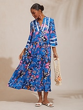 abordables Robes décontractées-robe longue en satin soyeux à pois azur abstraits