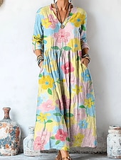economico Abito Floreale-Per donna Abito Midi Abito a Tubino Casual Data Vestibilità comoda Floreale Grafico Manica Lunga Scollo a V Giallo Rosa Viola Estate Primavera