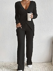 abordables Trajes de blusa para mujer-Mujer Blusa Conjuntos de pantalones parte superior del bolero Manga Larga Escote en Pico Color sólido Elegante Moda Ropa de calle Casual Diario Exterior Negro Caqui Azul claro Primavera Ajuste regular