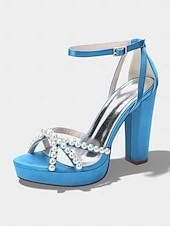 cheap Bride-Women's Ivory Platform Chunky Block Heel Sandals, Pearl-Embellished Ankle Strap Bridal Shoes for Church Weddings