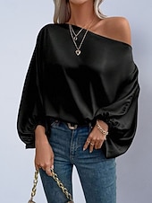 voordelige Chique Blouses-Dames Overhemd Satijnen overhemd Blouse Tops met blote schouders Effen Stijlvol Klassiek Modern Lange mouw Schouderafhangend Normale tops Dagelijks Feestdagen Uitgaan blauw Zwart Blozend Roze Rood