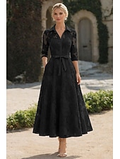 Недорогие Длина щиколотки-А-силуэт До щиколотки Платье-рубашка Вечернее платье Платье для матери невесты Длинный рукав Рубашечный воротник Элегантный стиль Винтаж Официальные Жаккард с Бант(ы) Вышивка Цветы