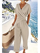 abordables Ensembles chemisiers pour femmes-Femmes Ensembles de Pantalons Haut boléro Manche Courte Col en V Couleur Unie Froncé Mode Streetwear Occasionnel Quotidien Extérieur Bleu Kaki Beige Été Coupe régulière